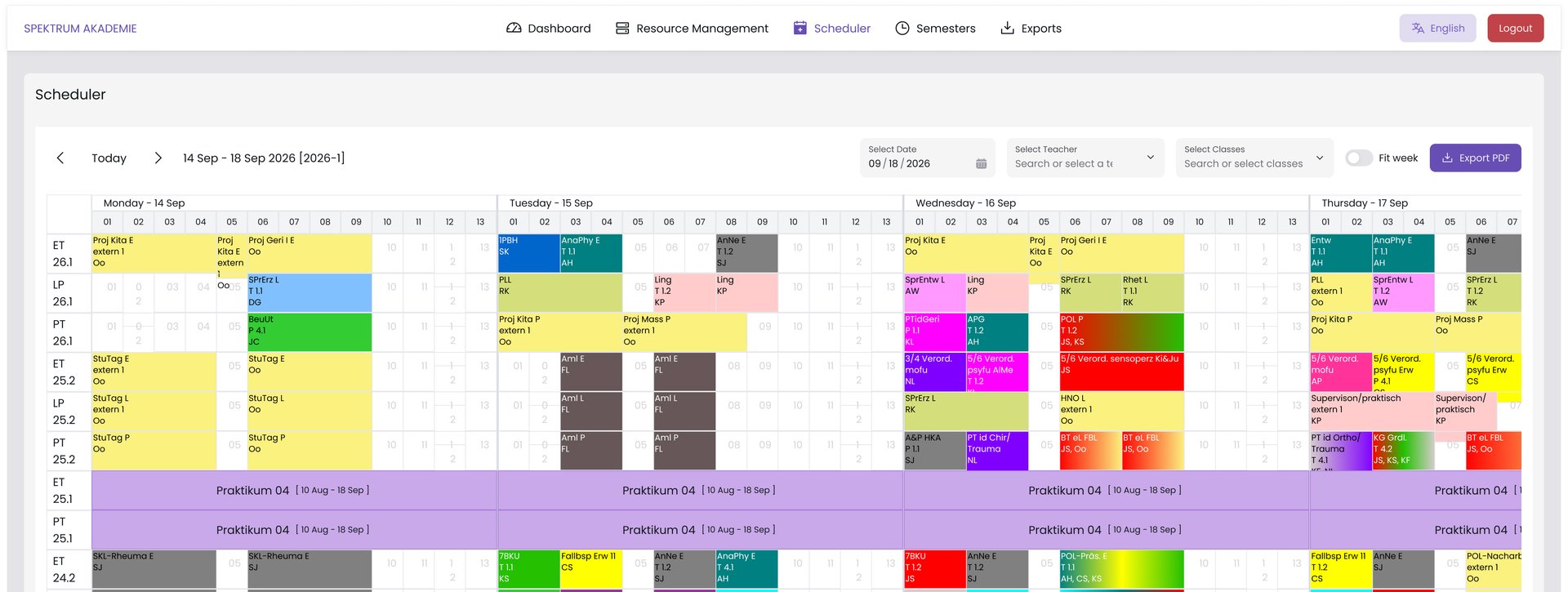 Zeitplaner scheduler view showing a weekly class timetable with teacher and room availability